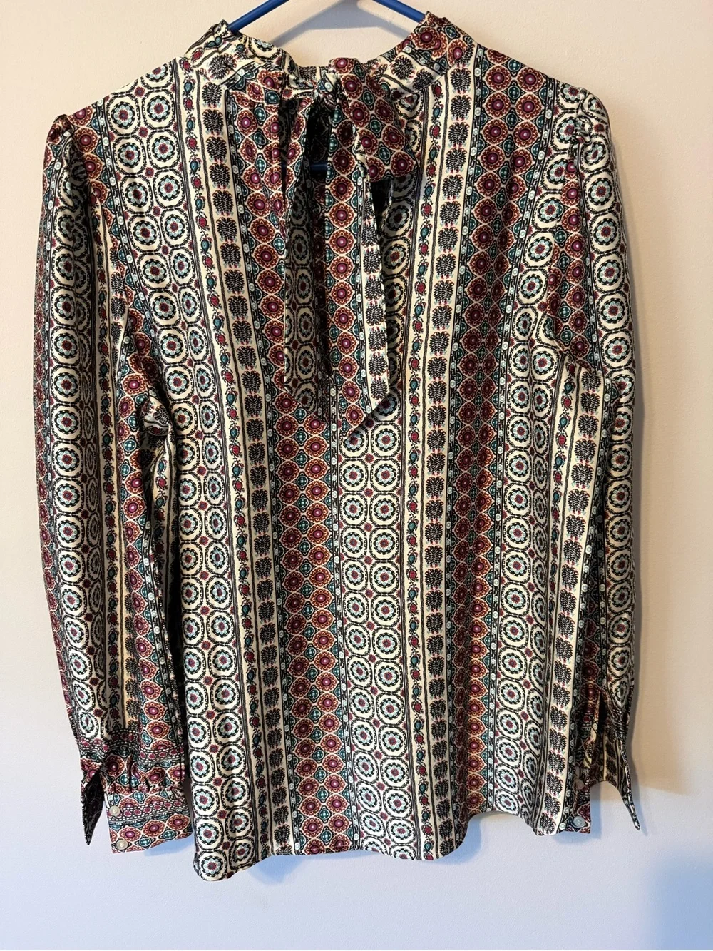 LOFT Cream Blouse with Burgundy & Teal Medallion Print